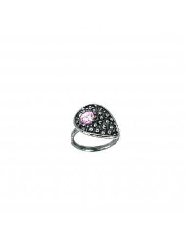 Organic small Drop Ring in Dark Sterling Silver with Pink Circonita
