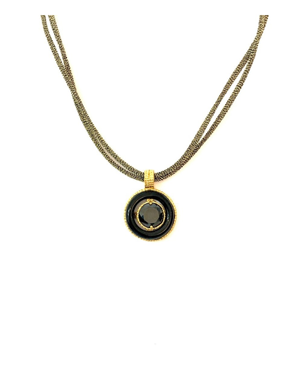 Disco Onix Necklace in Sterling Silver Vermeil with Hoop Onix and Metallic  Silk Cordon Material Golden Colour Black