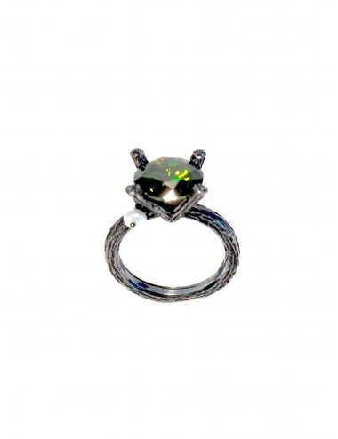 Minimal Faceted Solitaire Ring in Dark Sterling Silver with Green Circonita