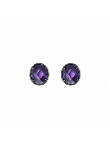 Minimal Oval Button Earrings in Dark Sterling Silver with Purple Circonita