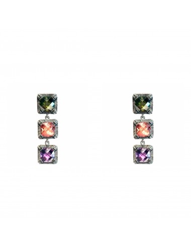 Minimal Square Earrings in Dark Sterling Silver with 3 Circonitas Beige Purple Green