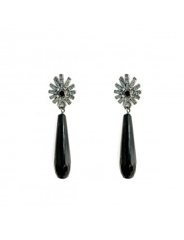 Pyramid Sun Drop Earrings in Dark Sterling Silver with Black Circonita and Briolet Onix